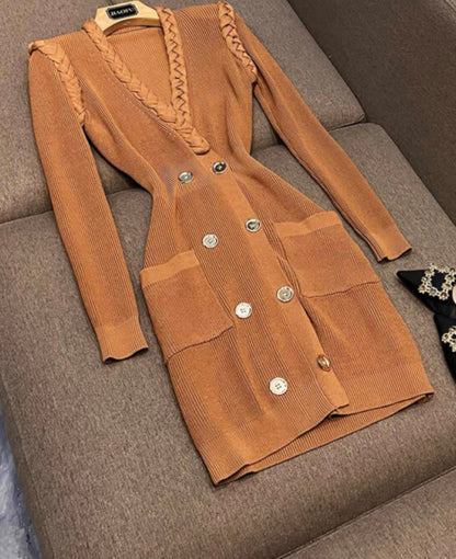 European and American apricot handmade twist collar three-dimensional shoulder cotton hip-covering long-sleeved knitted autumn dress cross-border (B7914)