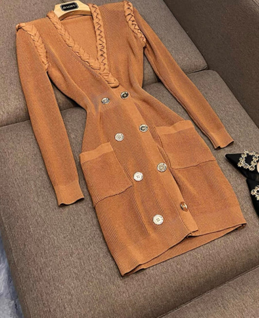 European and American apricot handmade twist collar three-dimensional shoulder cotton hip-covering long-sleeved knitted autumn dress cross-border (B7914)
