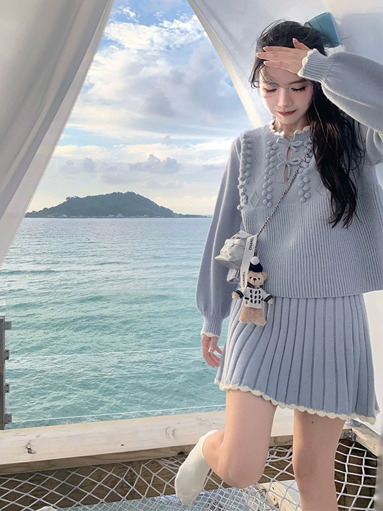 2023 autumn and winter new style small fragrant blue knitted sweater skirt suit for women Korean style gentle and sweet two-piece set T9690