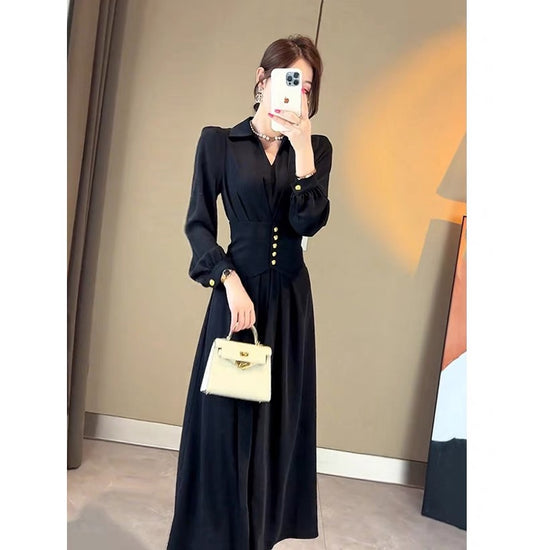 European early autumn new style elegant long skirt little black dress socialite royal sister high-end Hepburn dress