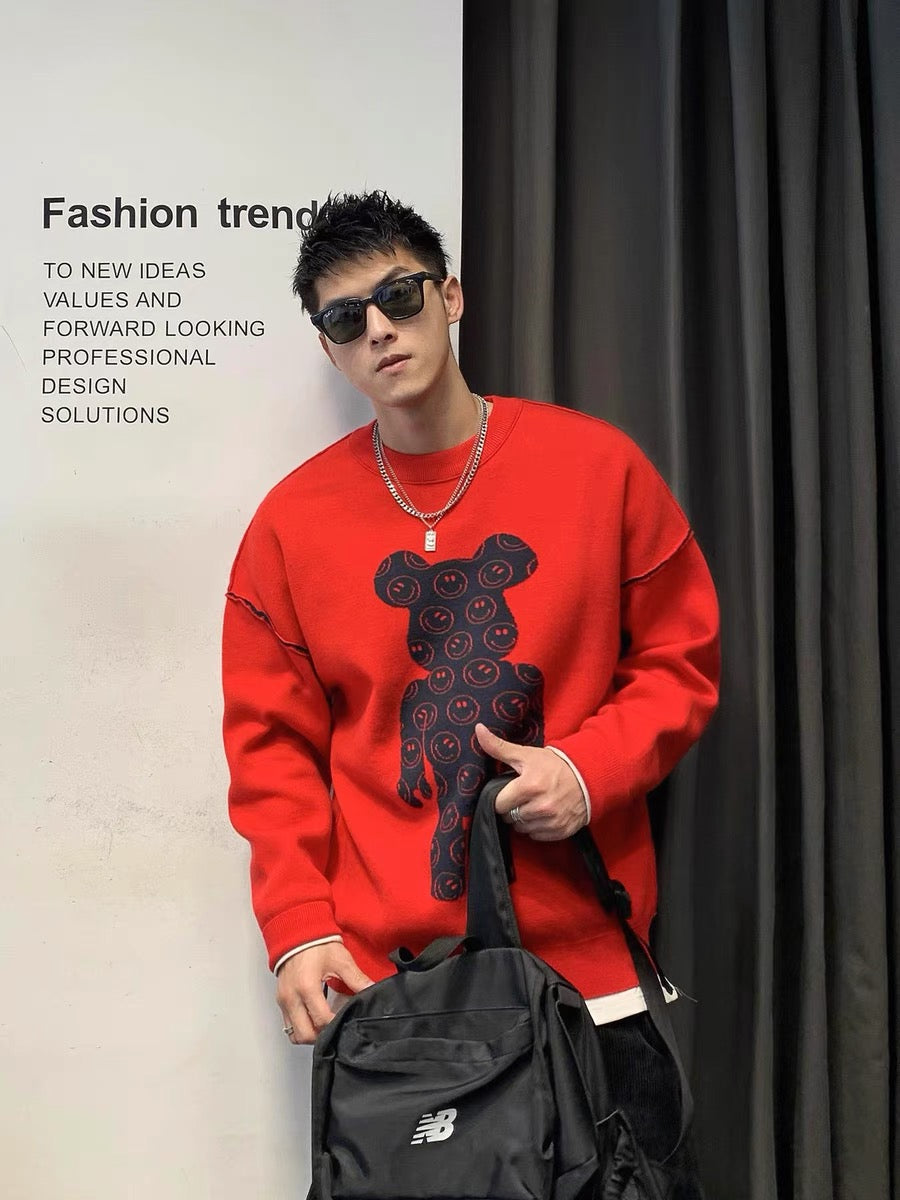 Xu Tailang green reversible wear violent bear sweater men's thickened autumn and winter round neck knitted bottoming shirt with long sleeves