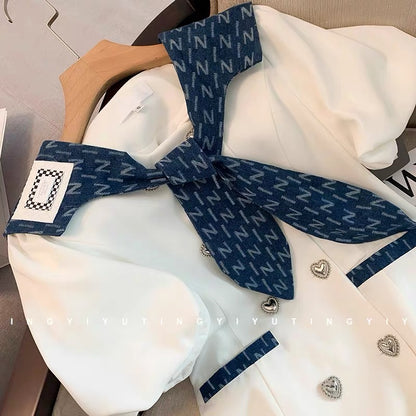 French style high-end age-reducing navy collar white dress for women summer slimming puff sleeves first love A-line skirt (V01)