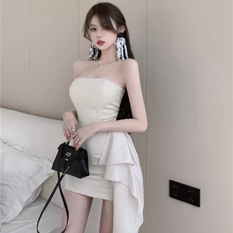 French one-shoulder fishbone tube top dress women's summer dress high-level sexy temperament beautiful hot girl bag hip skirt