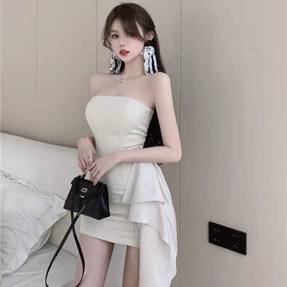 French one-shoulder fishbone tube top dress women's summer dress high-level sexy temperament beautiful hot girl bag hip skirt