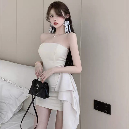 French one-shoulder fishbone tube top dress women's summer dress high-level sexy temperament beautiful hot girl bag hip skirt