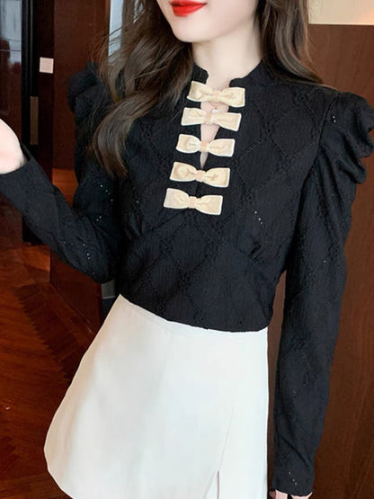Palace style puff sleeve jacquard shirt for women autumn new slim fit versatile sweet bow stand collar bottoming top (B2310)