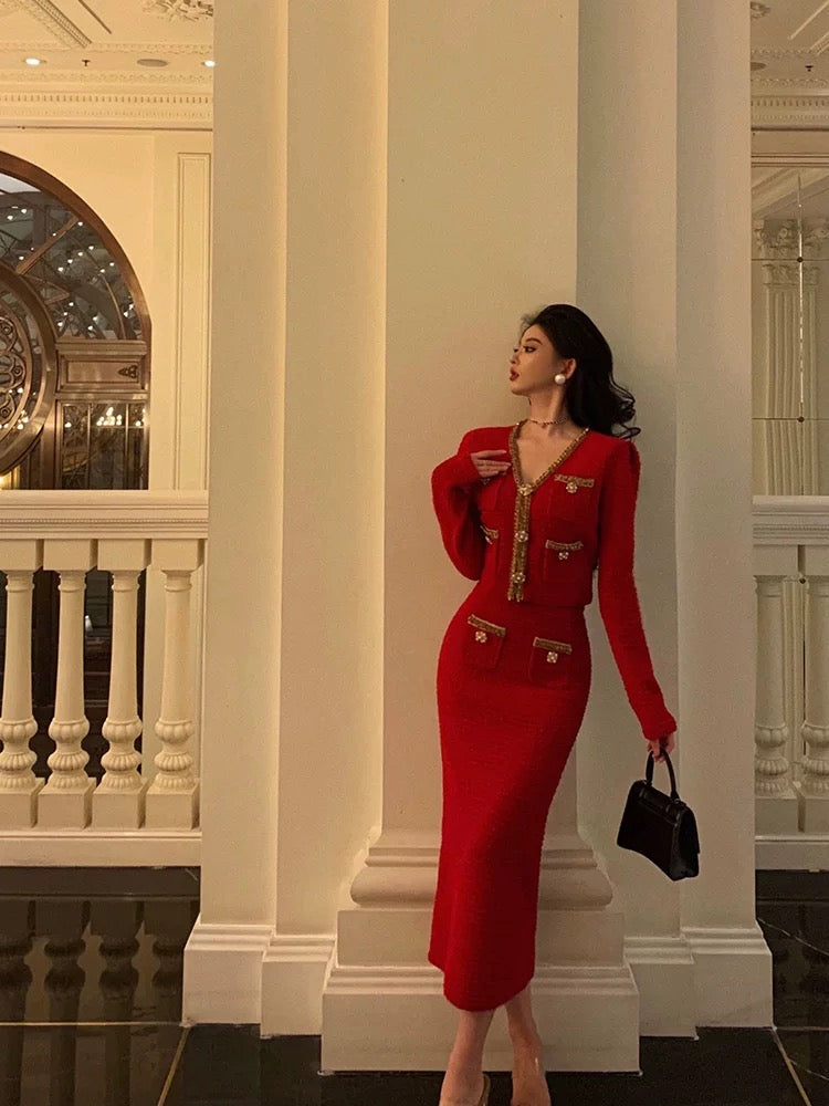 Godfrey red small fragrance suit for women 2023 autumn and winter new high-end light luxury niche knitted two-piece set