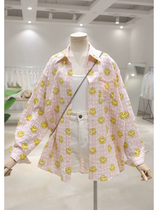 Breathable full body small smiley face printing 2024 summer loose medium and long cotton thin plaid long-sleeved shirt for women
