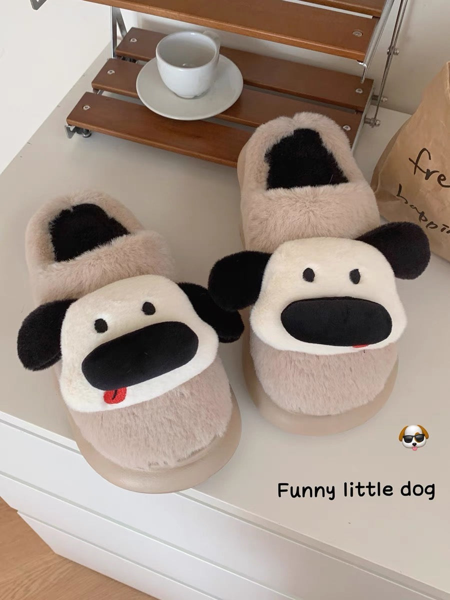 Thin strips of cute and cute three-dimensional dog couple cotton slippers to keep warm and non-slip winter internet celebrity home shoes for men and women