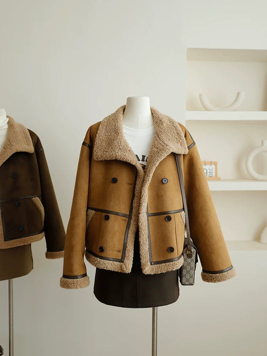 Candy candy fur one-piece lamb hair short coat for women 2023 new winter suede motorcycle jacket