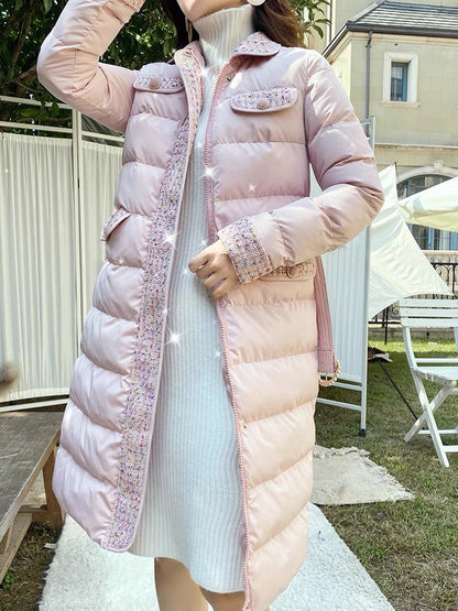 Nori gentle style down cotton coat for women French retro small fragrance style stitching doll collar waist slimming down cotton coat