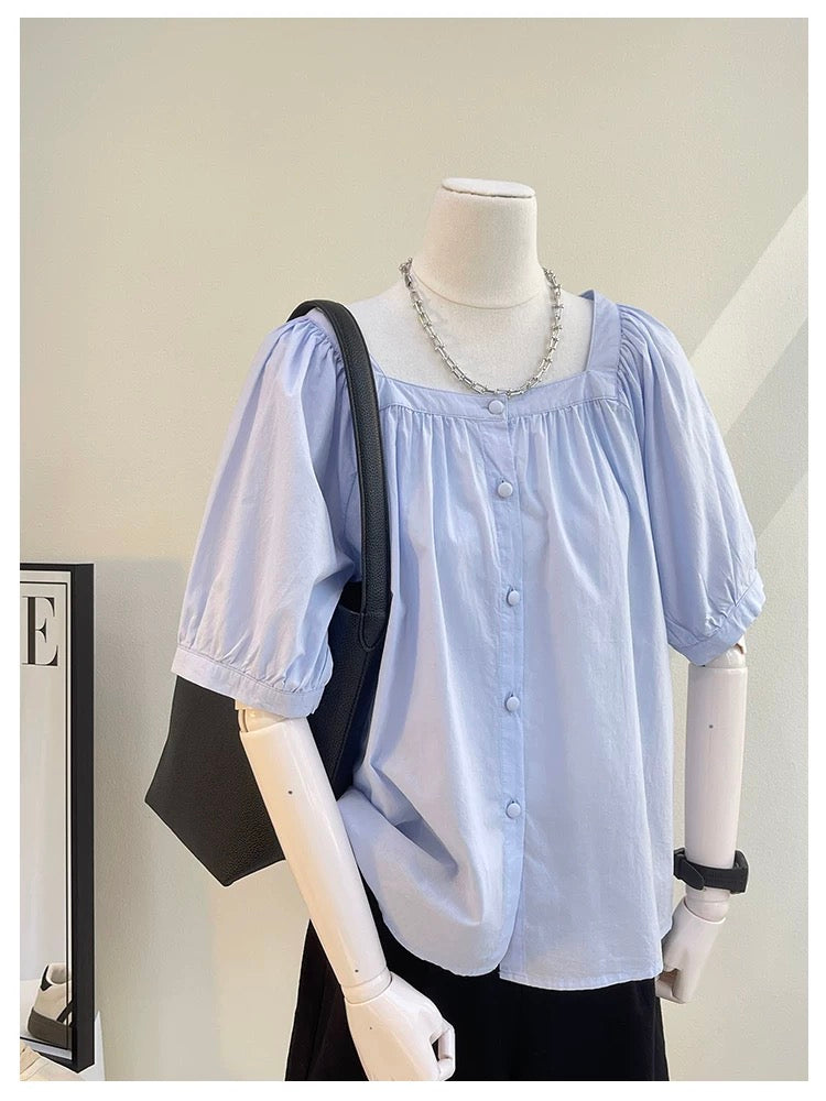 The last wave of new styles in summer~ French square collar tops, small shirts, pure cotton buttons, loose solid color short-sleeved shirts for women in summer
