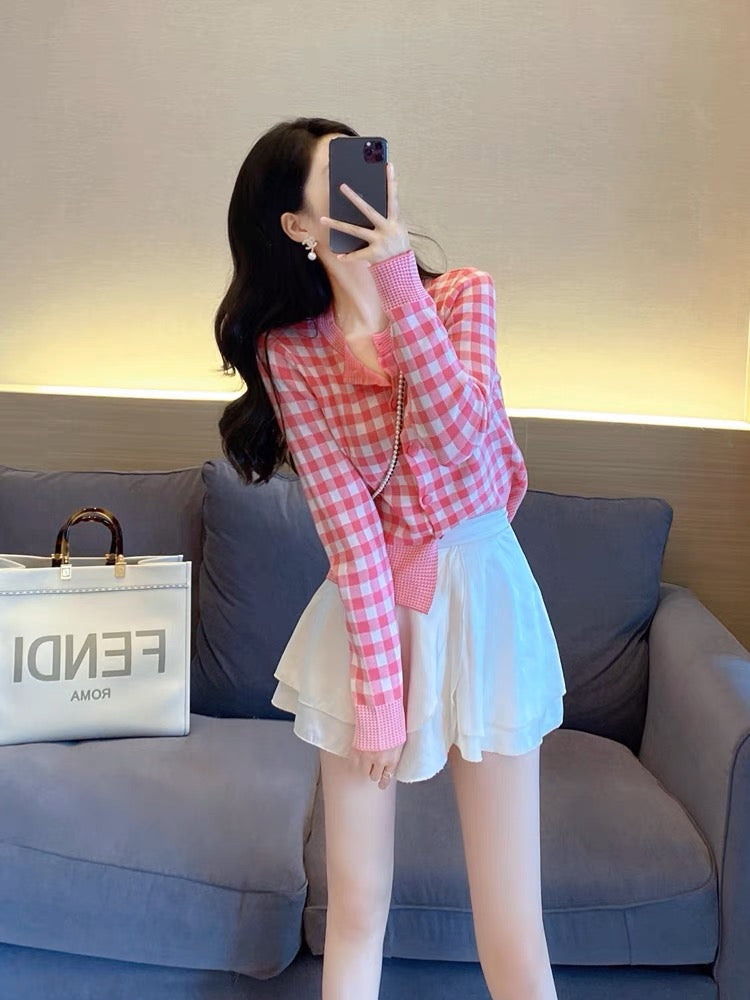 Knitted Cardigan Women's Early Autumn 2023 New Women's Top Small Slim Pink Plaid Short Jacket Sweater (S4447)