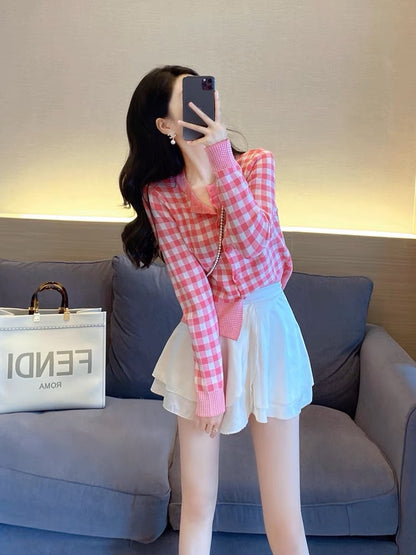 Knitted Cardigan Women's Early Autumn 2023 New Women's Top Small Slim Pink Plaid Short Jacket Sweater (S4447)