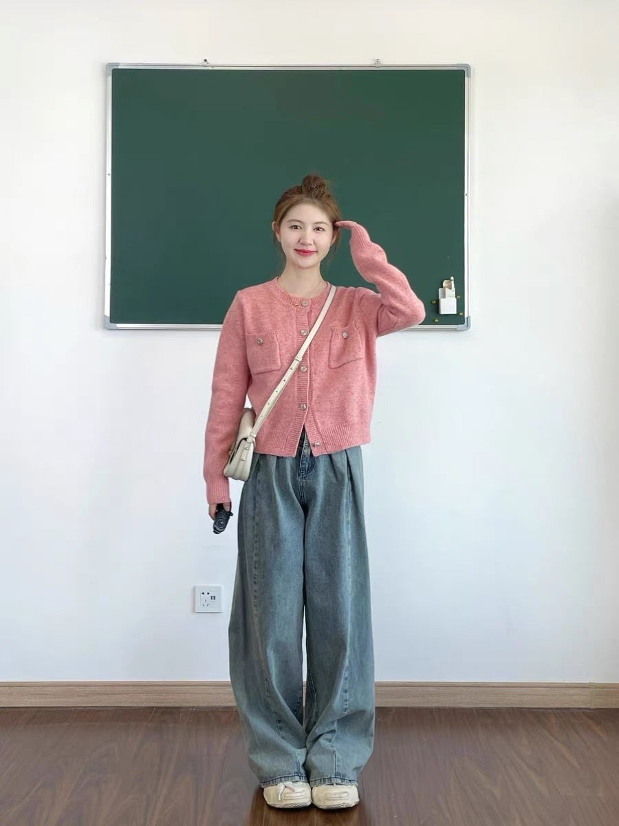 Small fragrant style knitted cardigan sweater coat lazy wide-leg jeans two-piece suit female fashion small man autumn