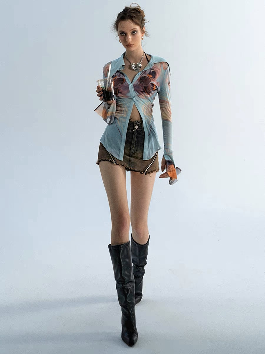 OfAkiva "Clothing Gagosian" Cheng Xiao's same style contrast printed shirt women's long-sleeved stretch mesh shirt (A098)