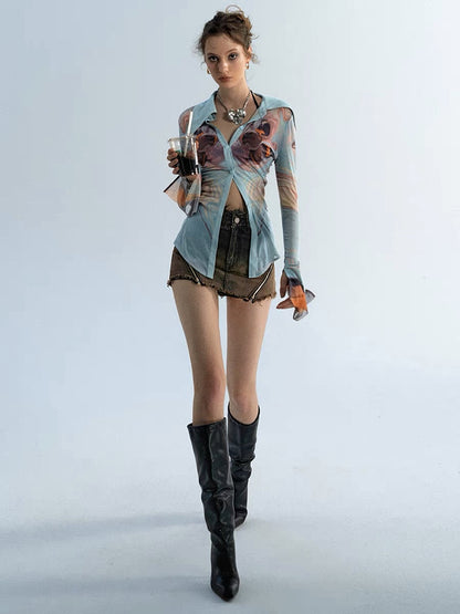 OfAkiva "Clothing Gagosian" Cheng Xiao's same style contrast printed shirt women's long-sleeved stretch mesh shirt (A098)