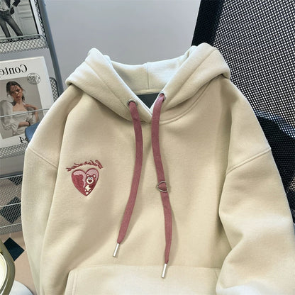 Korean lazy style sweet love bear hooded sweatshirt for men and women autumn and winter design niche plus velvet thickened top