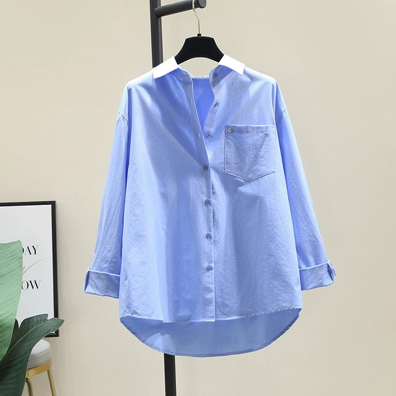 Blue Tencel cotton shirt women 2024 spring and autumn new Korean version loose slim long-sleeved shirt chic tops outer wear