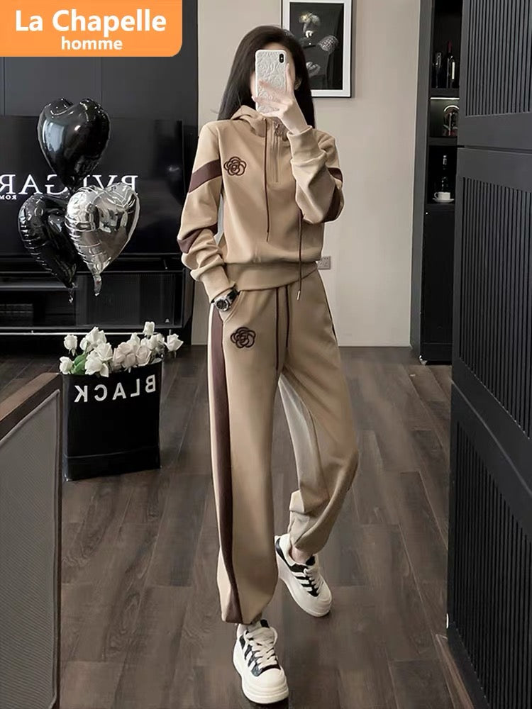 La Chapelle casual sports suit women's autumn and winter 2023 new rope hooded plus velvet sweatshirt and leggings pants two-piece set