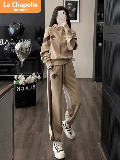 La Chapelle casual sports suit women's autumn and winter 2023 new rope hooded plus velvet sweatshirt and leggings pants two-piece set