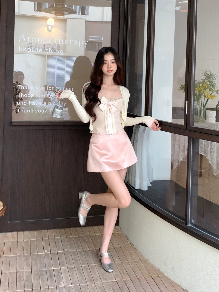 Full set 3 pieces Lay an Egg Meow Satin glossy fashionable temperament versatile and stylish button-decorated solid color A-line skirt