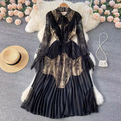2022 Spring Korean Style Lantern Sleeve Waist Mesh Lace Hollow Splicing Fairy Dress Design Pleated Skirt (D0984)