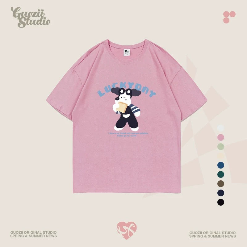 Guozii cute puppy raglan short-sleeved T-shirt female original design small oversize pure cotton top summer