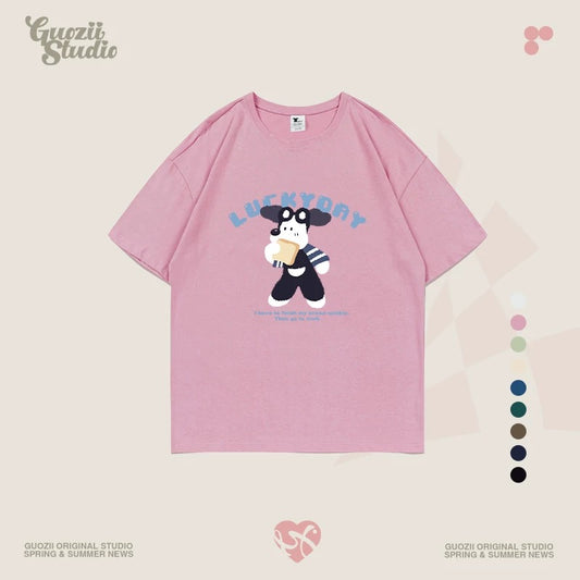 Guozii cute puppy raglan short-sleeved T-shirt female original design small oversize pure cotton top summer