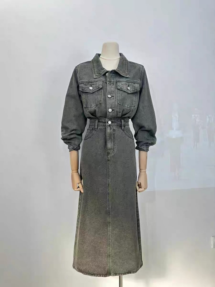 Miss Sheep 2023 New New Retro Hong Kong Style Colorful Denim Long Sleeve Polo High Waisted Waist Slim Dress Long Dress