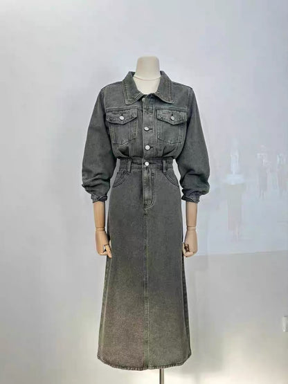 Miss Sheep 2023 New New Retro Hong Kong Style Colorful Denim Long Sleeve Polo High Waisted Waist Slim Dress Long Dress