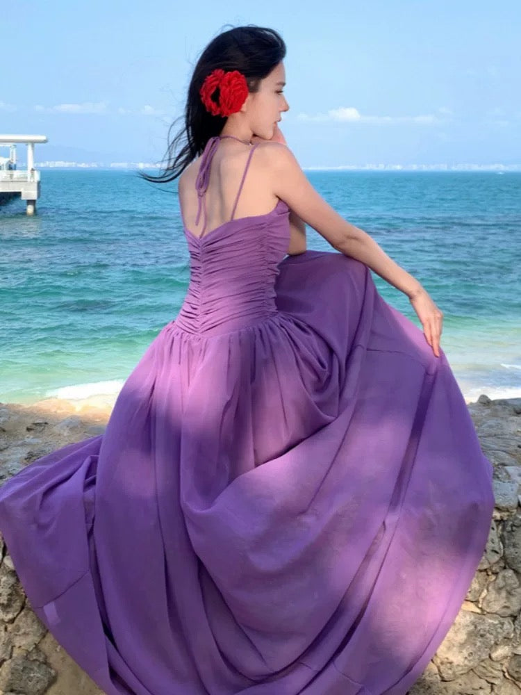 French light luxury high-end deep V purple chiffon suspender dress female summer seaside holiday style sexy long dress