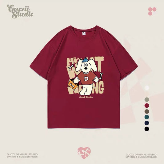 Guozii cute puppy raglan short-sleeved T-shirt female original design small oversize pure cotton top summer