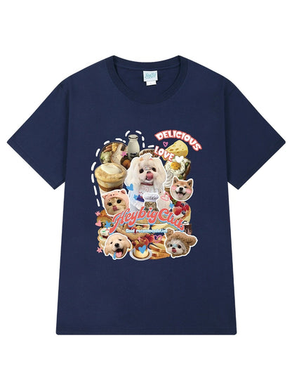American retro cat and dog printed short-sleeved T-shirts for men and women 2024 new ins trendy brand loose and versatile clothes