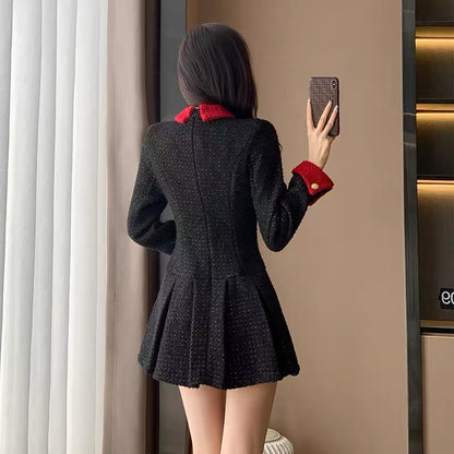 Early spring 2023 new tea break French Hepburn style small suit skirt for women high-end long-sleeved black dress