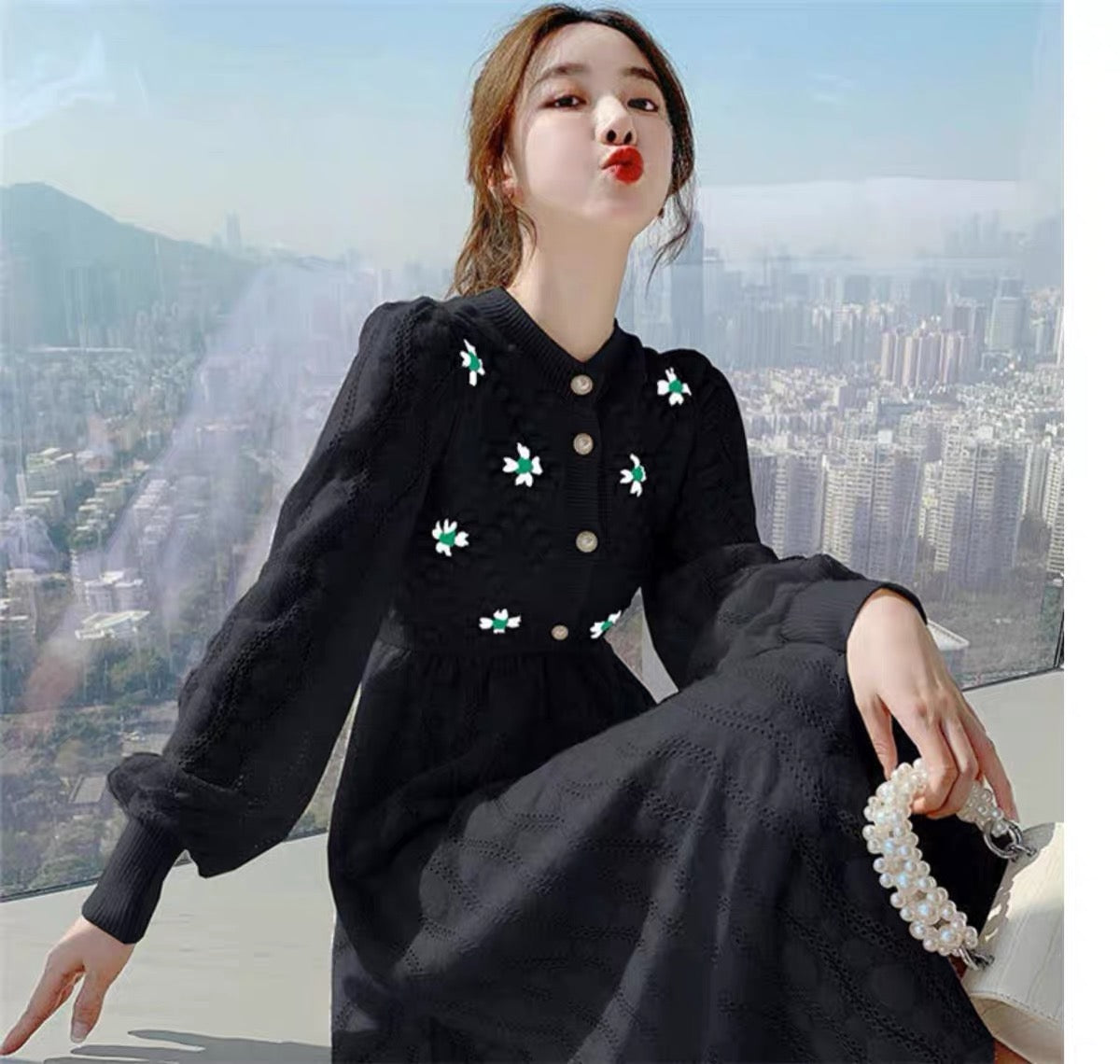 European Station Autumn and Winter New Internet Celebrity Knitted Dress Embroidered Hollow Age Reduction French Retro Bottoming Long Skirt