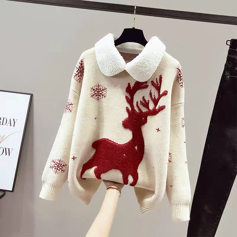 Christmas Sweater Women's Autumn and Winter Clothing Thickened Baby Collar 2023 New Year of the Rabbit Red Clothes Fashionable and Western