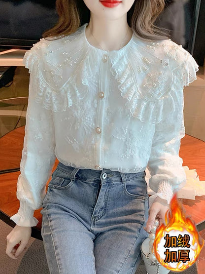 Palace style doll collar lace bottoming shirt for women 2023 autumn and winter style plus velvet thickening foreign fashionable inner top (B2312)