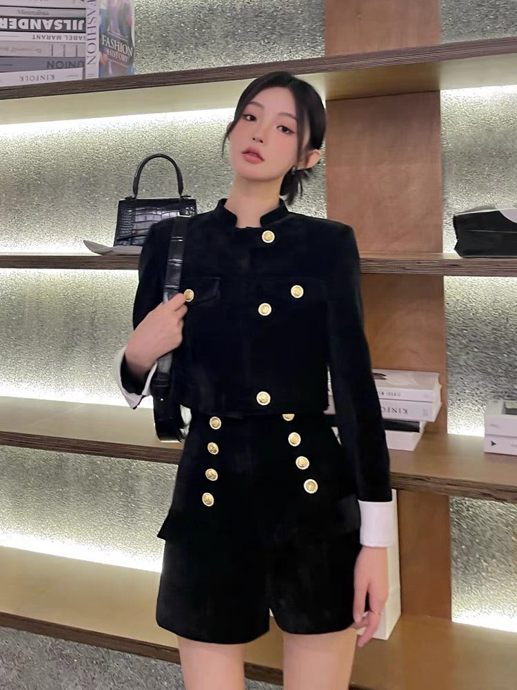 Black velvet suit for women, new autumn style, high-end, temperament, double-breasted jacket, short skirt, two-piece set (B2413)