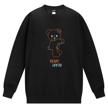 Bear print round neck sweatshirt for men in autumn and winter plus velvet and thickened ins Hong Kong style jacket loose and versatile student top