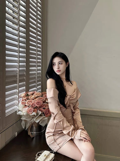 For Fay champagne one-shoulder elegant knot design slim dress light luxury high-end skirt