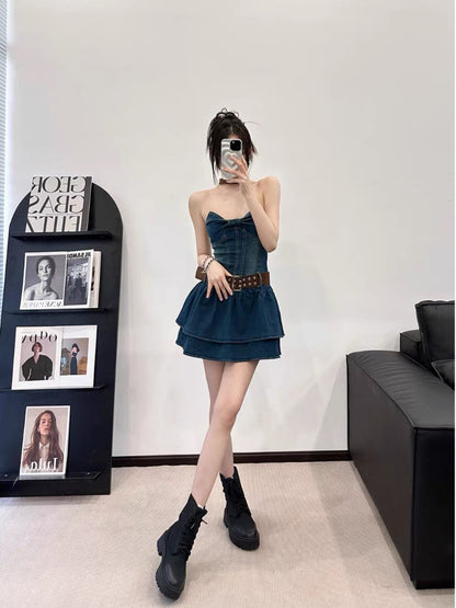 EUSKY IIWAN Retro denim sweet hottie tube top dress with waist slimming tutu short A-line skirt (D659)