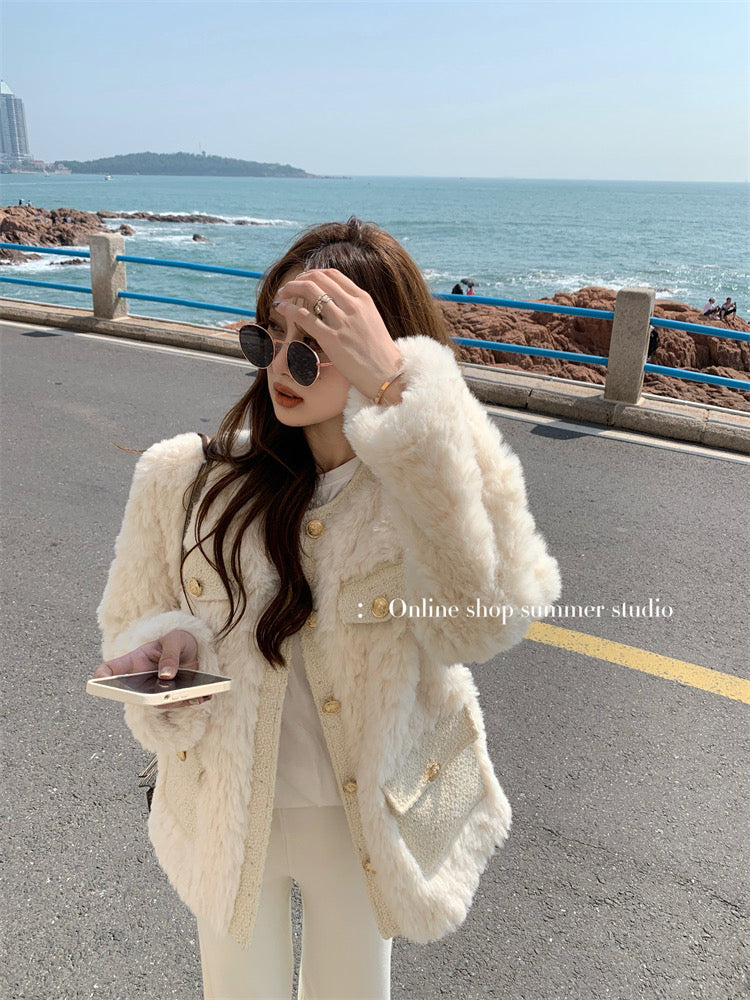 Summer home white small fragrance down jacket lamb wool thickened plush coat women's autumn and winter high-end top