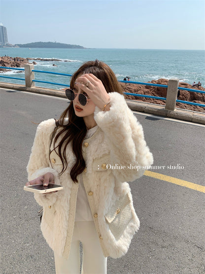 Summer home white small fragrance down jacket lamb wool thickened plush coat women's autumn and winter high-end top