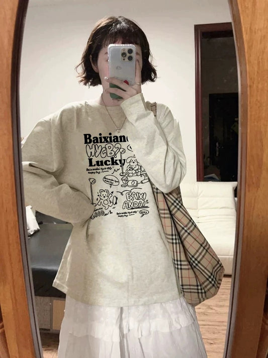 100% cotton American retro Hong Kong style chic straight shoulder long-sleeved T-shirt women's loose lazy niche design top
