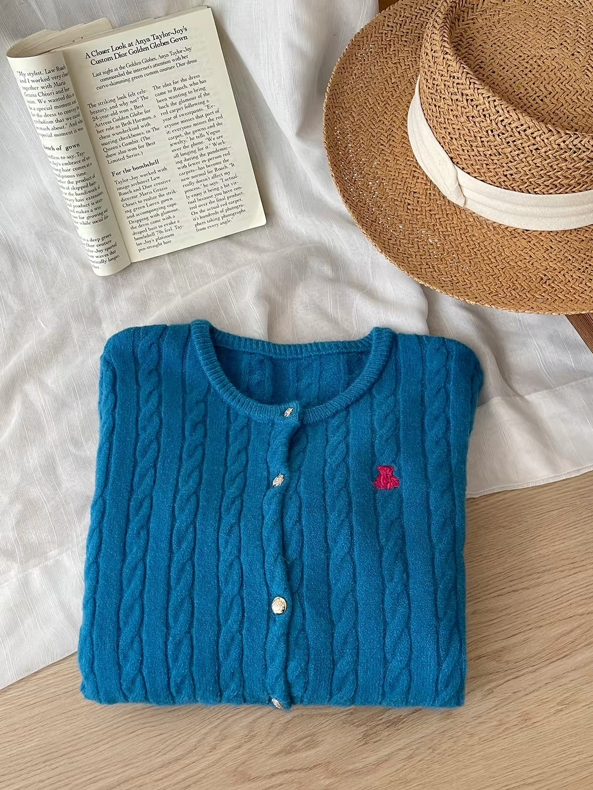 Women's Japanese/Korean-style retro cable-knit cardigan; soft, cozy, and versatile with a round neck and cute bear embroidery—perfect for autumn.