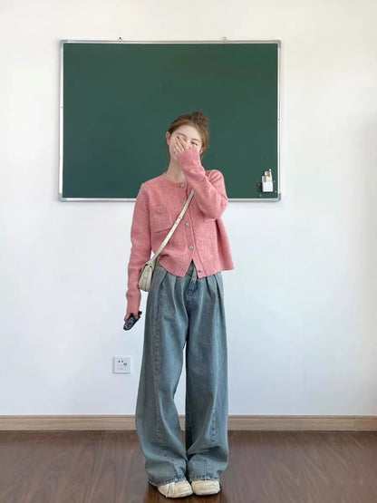 Small fragrant style knitted cardigan sweater coat lazy wide-leg jeans two-piece suit female fashion small man autumn