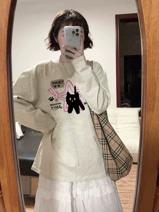 100% cotton American retro Hong Kong style chic straight shoulder long-sleeved T-shirt women's loose lazy niche design top
