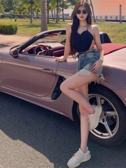 Single is Hell Song Zhiya same style black sling backless chain swimsuit bottoming self-cultivation beautiful back top women's tide