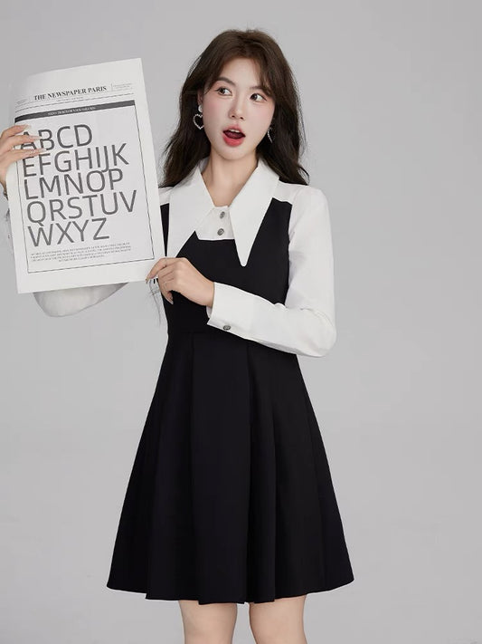 Volstagg French Hepburn style dress women's autumn black and white contrast stitching fake two-piece waist pleated skirt
